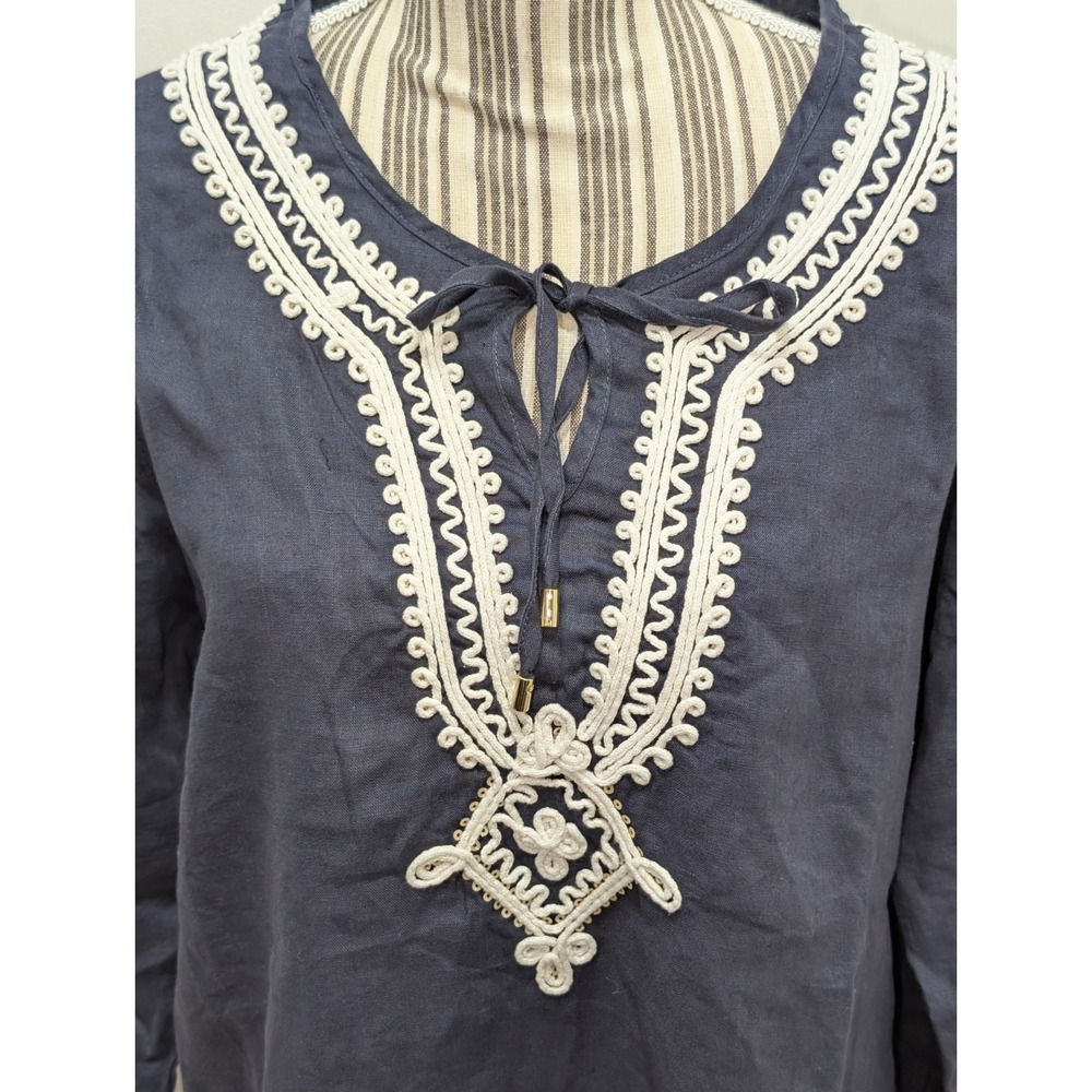 NWT 100% Linen Navy Blue Embroidered Tunic Size XL Boho Cottagecore - Picture 2 of 11